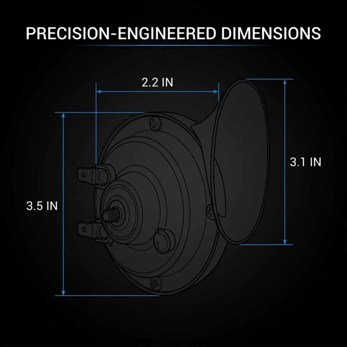 Technical dimension diagram of a round horn-style device on a black background, with white text reading 'PRECISION-ENGINEERED DIMENSIONS' and blue measurement lines indicating 2.2 in, 3.