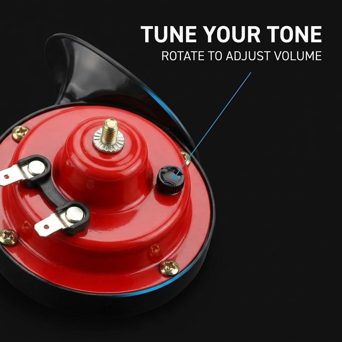 A red and black adjustable speaker driver component on a black background, with white text reading 'TUNE YOUR TONE' and 'ROTATE TO ADJUST VOLUME' plus a blue pointer line.