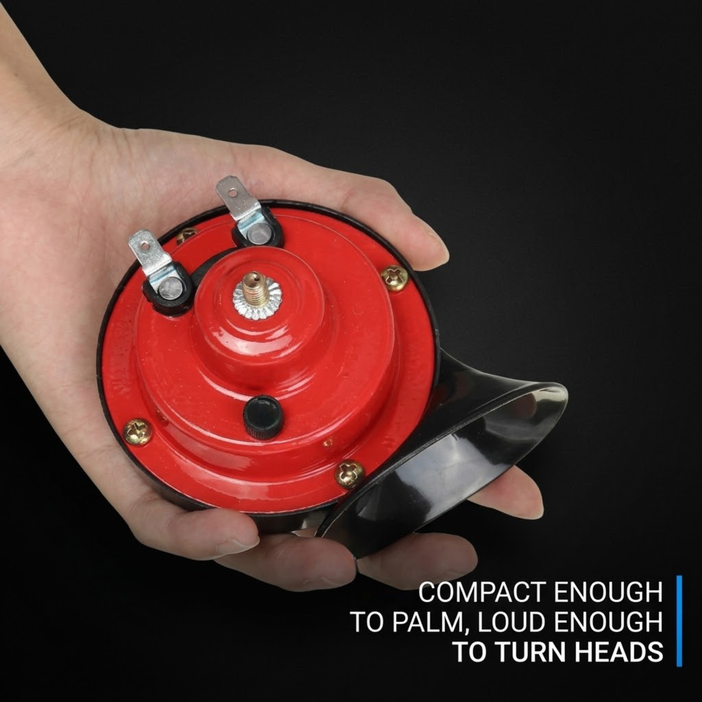 A hand holding a small red and black horn against a black background, with text in the lower right that reads 'COMPACT ENOUGH TO PALM, LOUD ENOUGH TO TURN HEADS'.