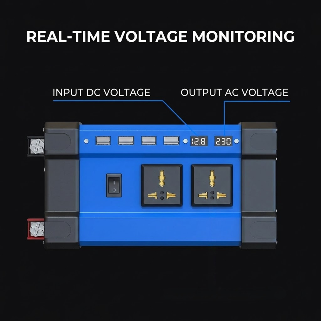 A blue and black electronic power unit with digital voltage displays and multiple outlets, shown on a black background with callout text reading 'REAL-TIME VOLTAGE MONITORING', 'INPUT DC VOLTAGE', and 'OUTPUT AC VOLTAGE'.