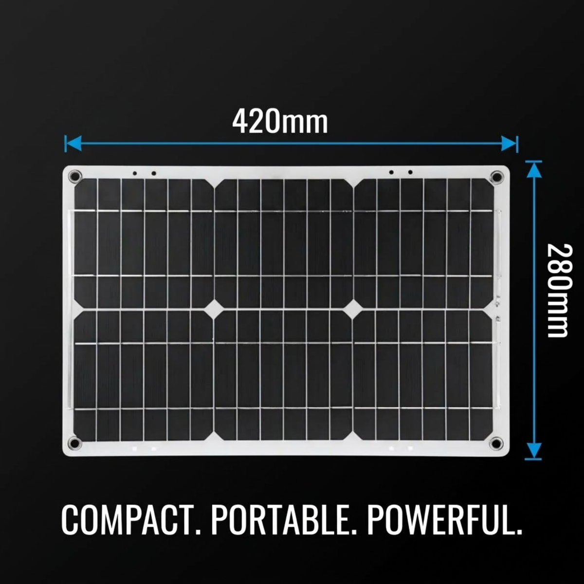 A rectangular solar panel shown on a black background with blue dimension arrows indicating 420mm width and 280mm height, plus the text 'COMPACT. PORTABLE.
