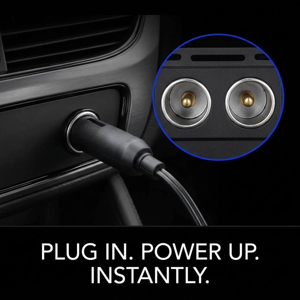 A black dual USB-C car charger plugged into a car cigarette lighter socket, with a blue-outlined circular inset highlighting the two gold-plated USB-C ports. White text at the bottom reads 'PLUG IN.