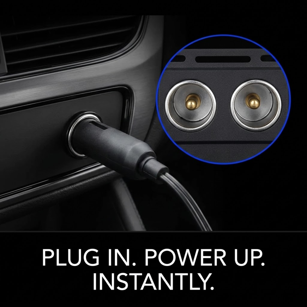 A black dual USB-C car charger plugged into a car cigarette lighter socket, with a blue-outlined circular inset highlighting the two gold-plated USB-C ports. White text at the bottom reads 'PLUG IN.