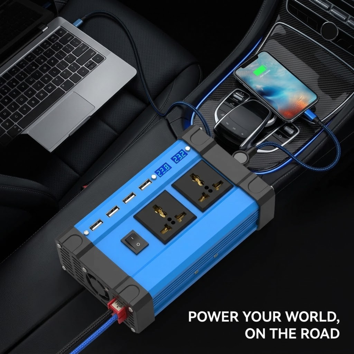 A blue and black portable power station with multiple USB-A and USB-C ports, shown plugged into a car console with a laptop, phone, and other devices. The text 'POWER YOUR WORLD, ON THE ROAD' is visible in the bottom right corner.