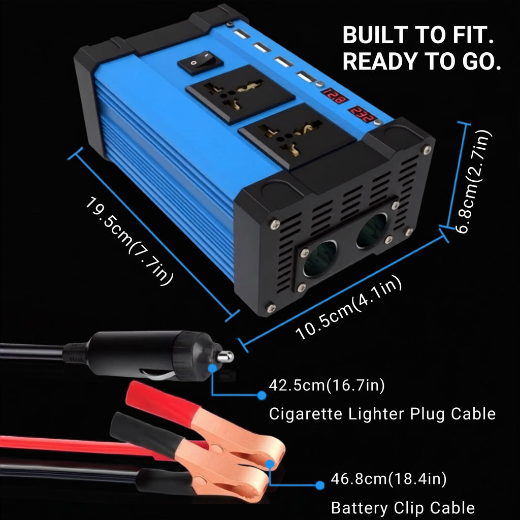 Blue and black portable power station with dimension labels, shown with attached cigarette lighter plug cable and battery clip cable on a black background. Text reads 'BUILT TO FIT.