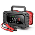 7-Stage Smart Battery Charger 12V/24V with LCD display, carry handle and red and black battery clamps on white background