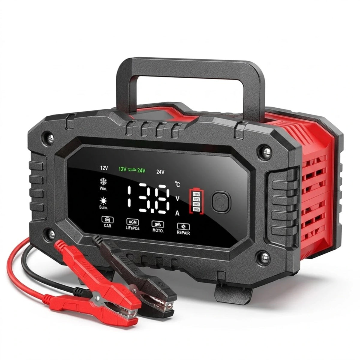 7-Stage Smart Battery Charger 12V/24V with LCD display, carry handle and red and black battery clamps on white background