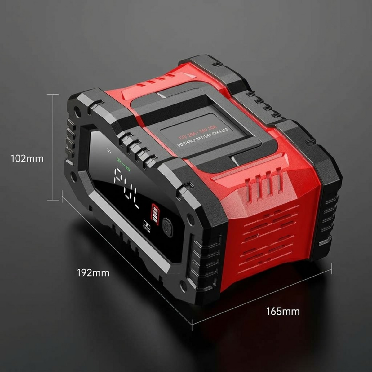 7-Stage Smart Battery Charger dimensions 192 x 165 x 102 mm on red and black housing
