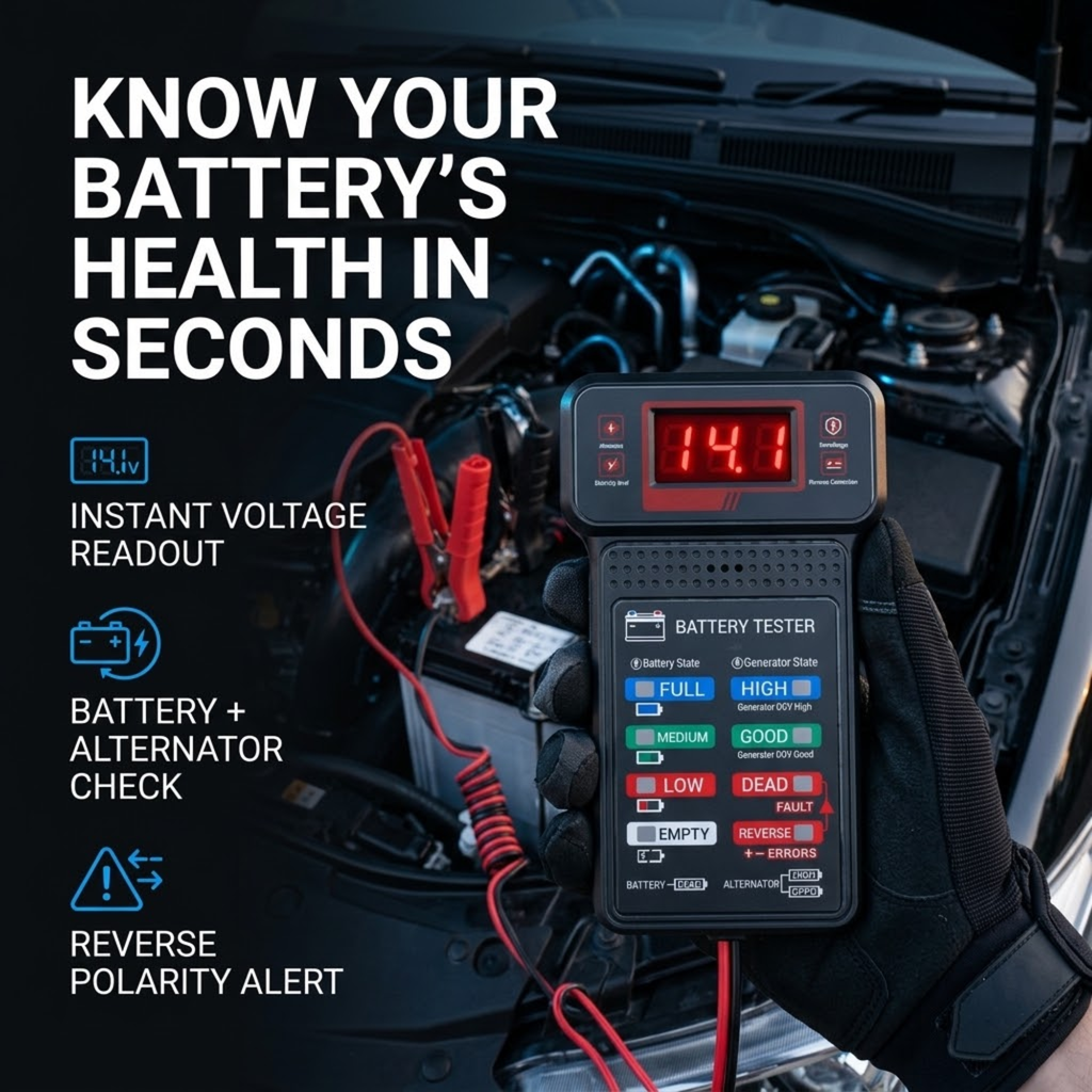 Gloved hand holding a Digital Battery & Alternator Tester reading 14.1 V with clamps connected to a car battery in an engine bay