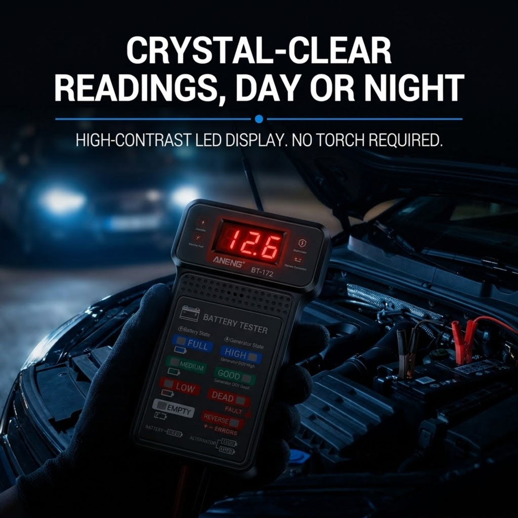 Digital Battery & Alternator Tester with red LED display reading 12.6 V held in front of a car engine at night