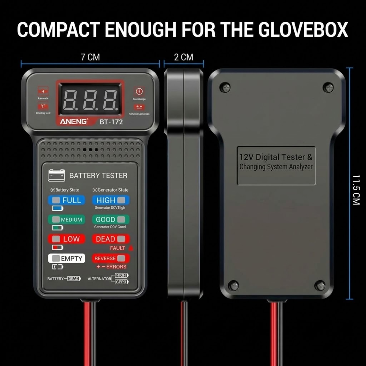 Digital Battery & Alternator Tester front, side and back views with dimensions of 7 cm wide, 2 cm deep and 11.5 cm high
