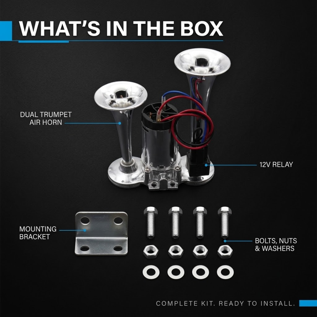 Dual Trumpet Air Horn kit contents: chrome dual trumpet horn, 12V relay, mounting bracket, and four bolts, nuts and washers