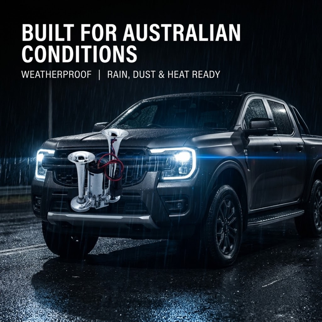 Chrome Dual Trumpet Air Horn shown in front of a black dual-cab ute on a wet road at night in heavy rain