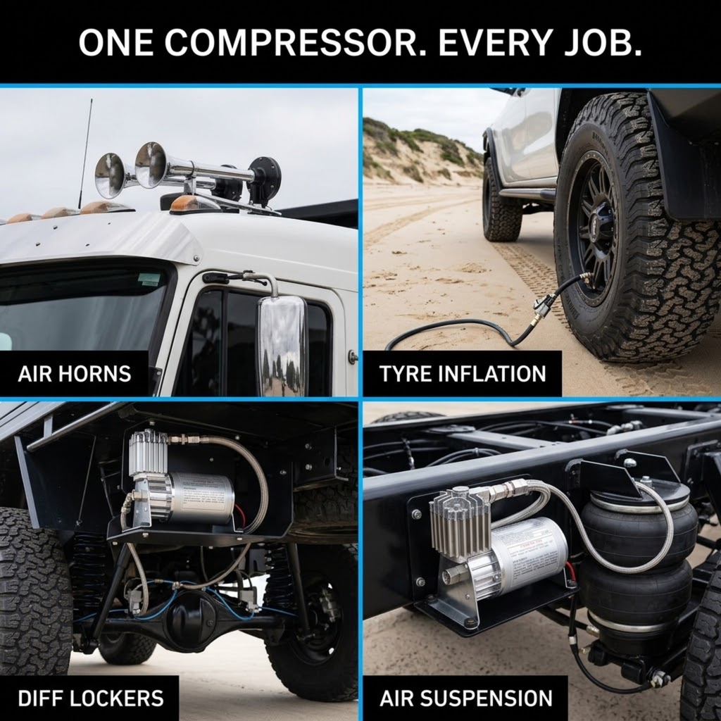 Four-panel image of the Heavy-Duty 12V Air Compressor running air horns, inflating a tyre on the beach, and powering diff lockers and air suspension