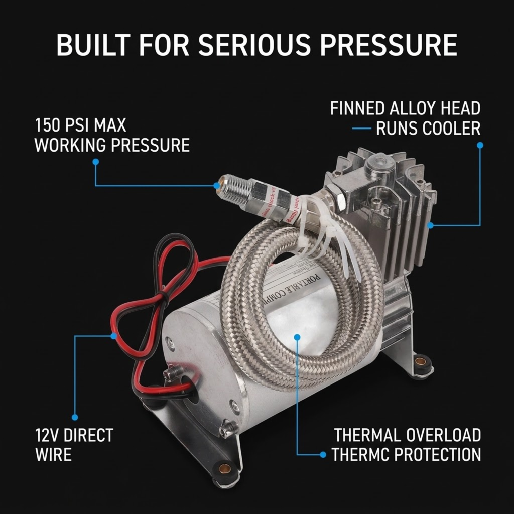 Heavy-Duty 12V Air Compressor labelled with 150 PSI max working pressure, finned alloy head, 12V direct wire and thermal overload protection