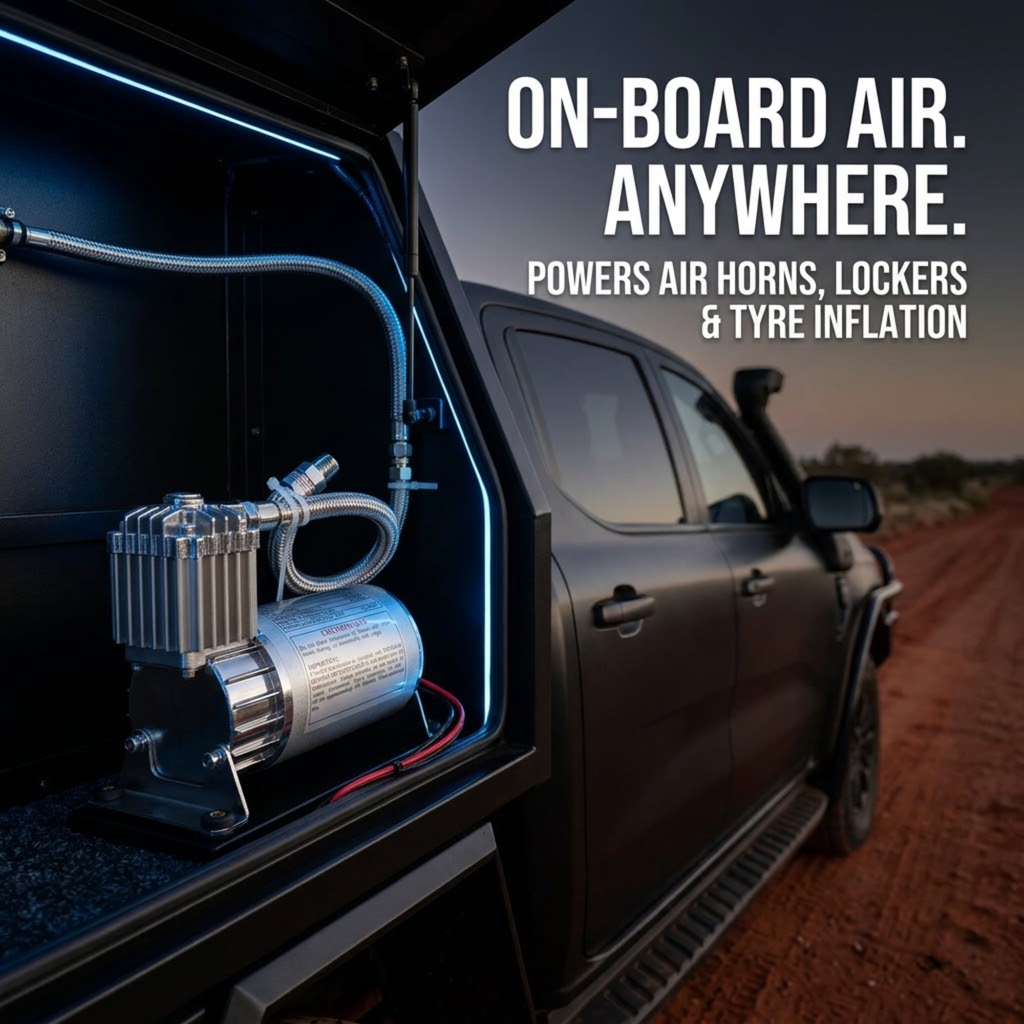 Heavy-Duty 12V Air Compressor mounted in the rear canopy of a black ute on a red dirt road