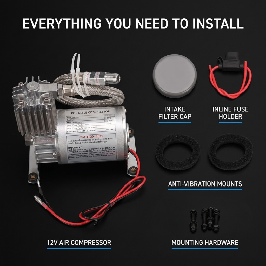 Heavy-Duty 12V Air Compressor installation kit: compressor, intake filter cap, inline fuse holder, anti-vibration mounts and mounting hardware