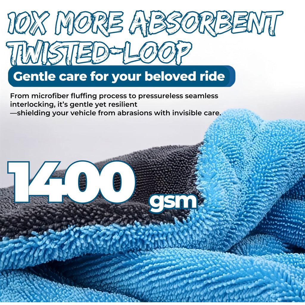 Close-up of the blue and black twisted-loop microfibre pile on the Microfiber Car Drying Towel, highlighting the 1400gsm high-density weave.