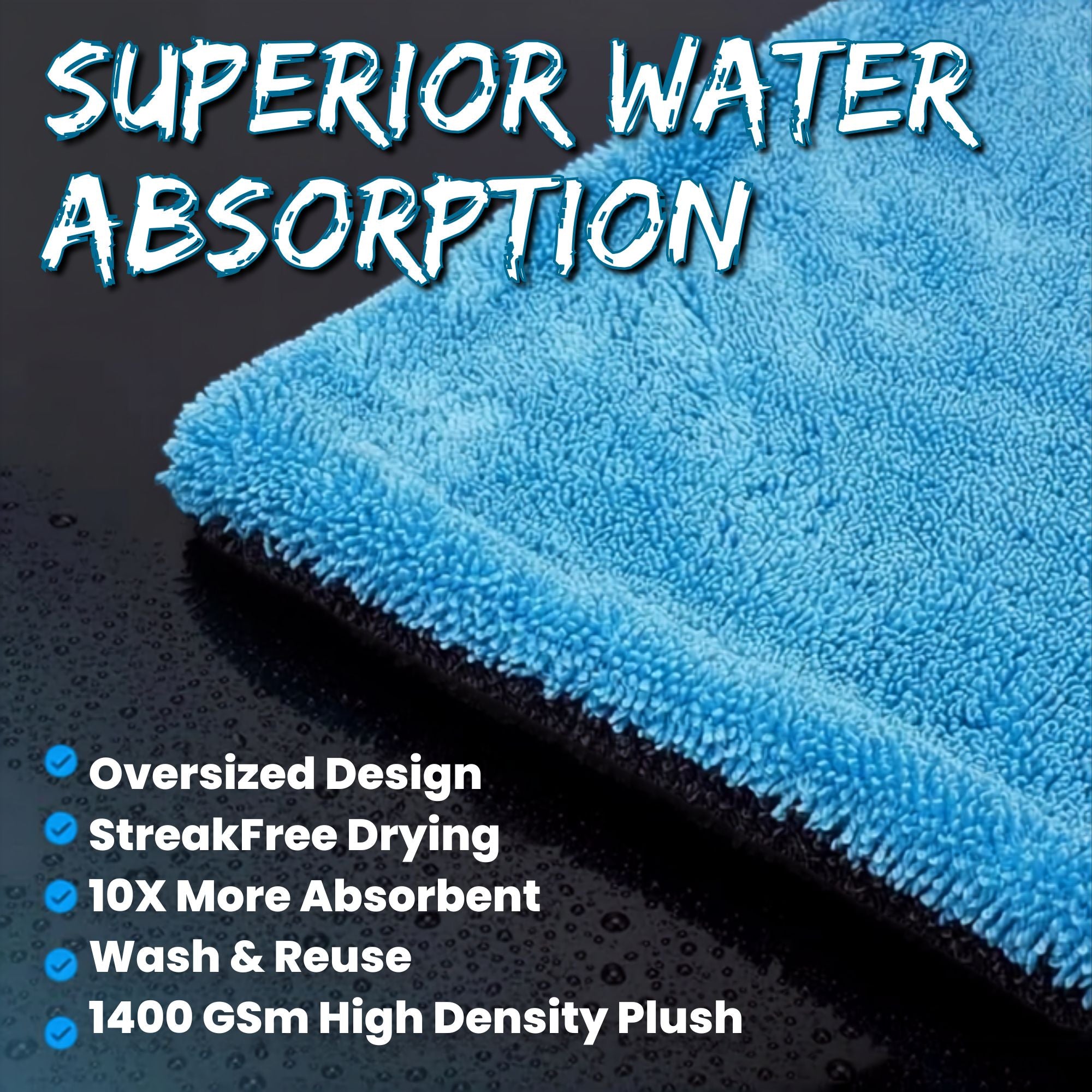 Close-up edge of a blue Microfiber Car Drying Towel on a wet surface, listing features including oversized design, streak-free drying and 1400gsm plush density.