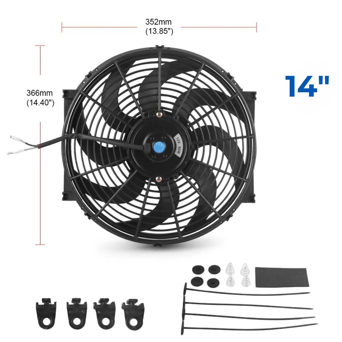 Universal Radiator Cooling Fan 14-inch variant close-up product shot showing 352mm by 366mm dimensions and the curved ten-blade fan design
