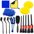 15-piece car detailing brush set and interior cleaning kit displayed on a white background, including detail brushes, wire brushes, a vent brush, wash mitt, sponge pads, and microfiber cloths.