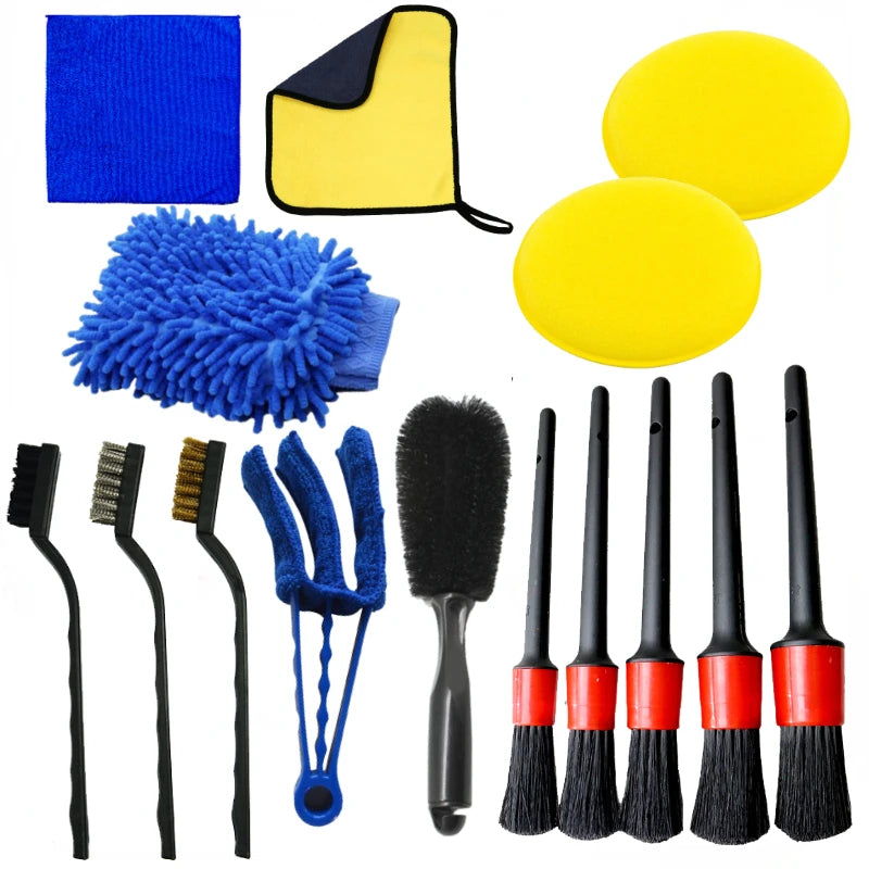 15-piece car detailing brush set and interior cleaning kit displayed on a white background, including detail brushes, wire brushes, a vent brush, wash mitt, sponge pads, and microfiber cloths.