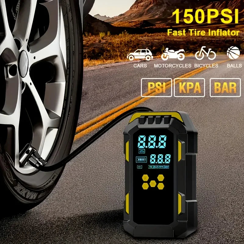 Portable 150 PSI air compressor connected to a car tyre valve for inflation on a roadside surface.