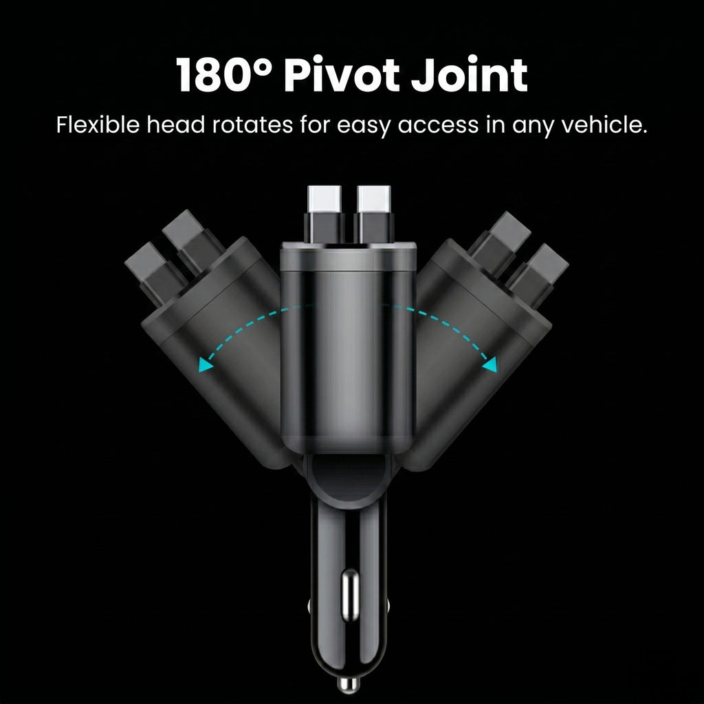 Diagram of a flexible car charger showing a 180-degree pivot joint adjusting left, centre, and right to fit any vehicle console.