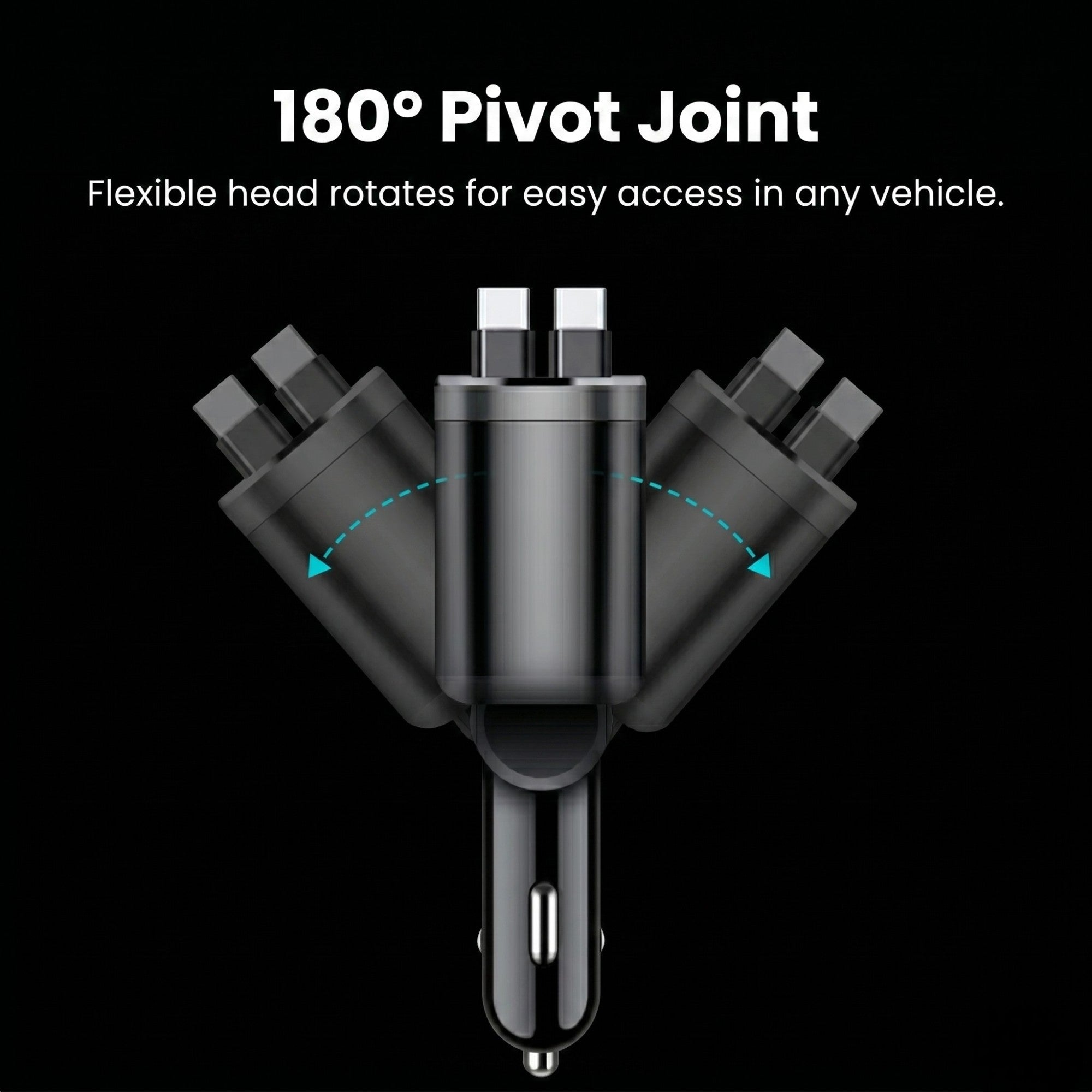 Diagram of a flexible car charger showing a 180-degree pivot joint adjusting left, centre, and right to fit any vehicle console.