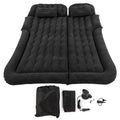 2-in-1 inflatable car travel mattress and backseat sleeping bed displayed with two inflatable headrests, an electric inflation pump, and a storage bag.