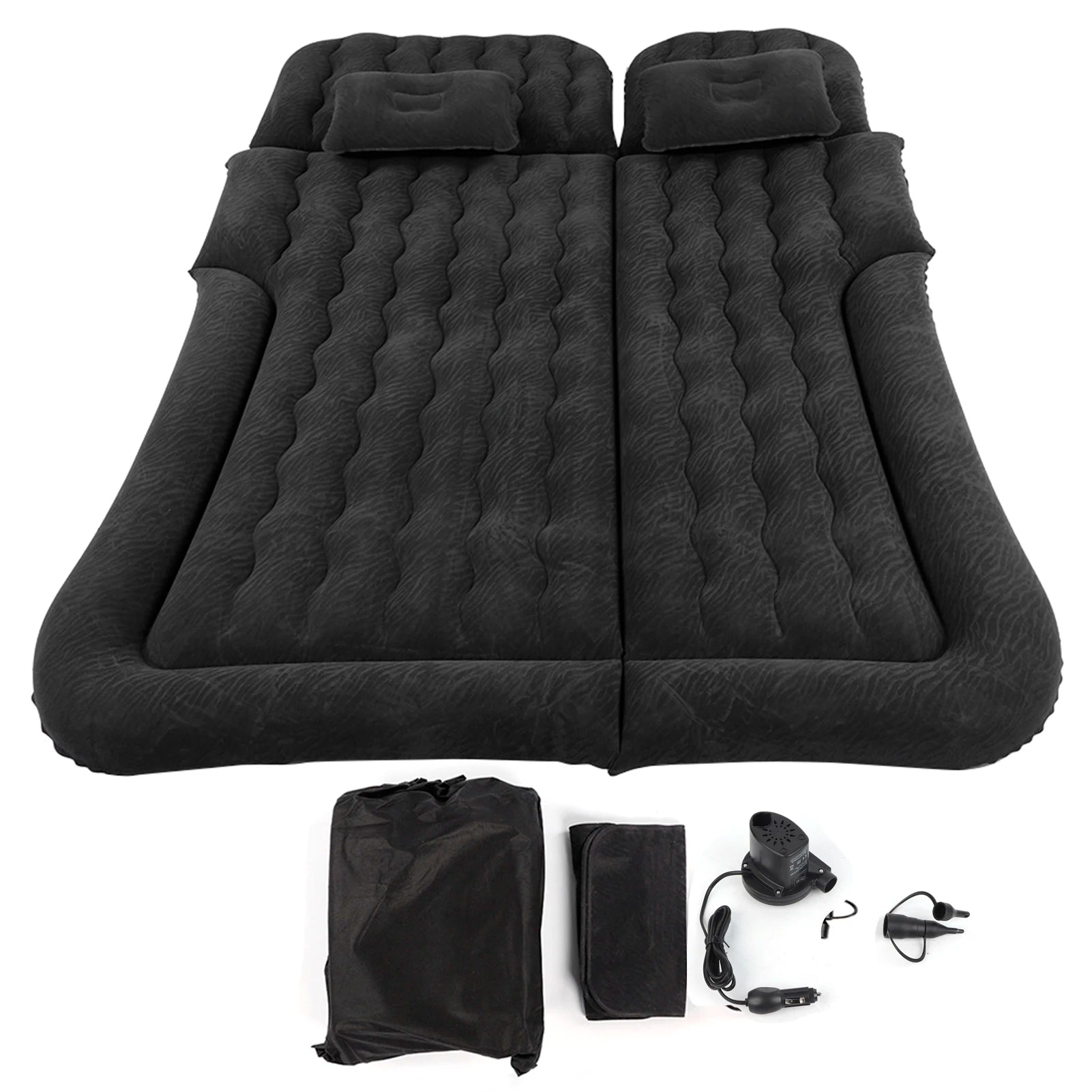 2-in-1 inflatable car travel mattress and backseat sleeping bed displayed with two inflatable headrests, an electric inflation pump, and a storage bag.