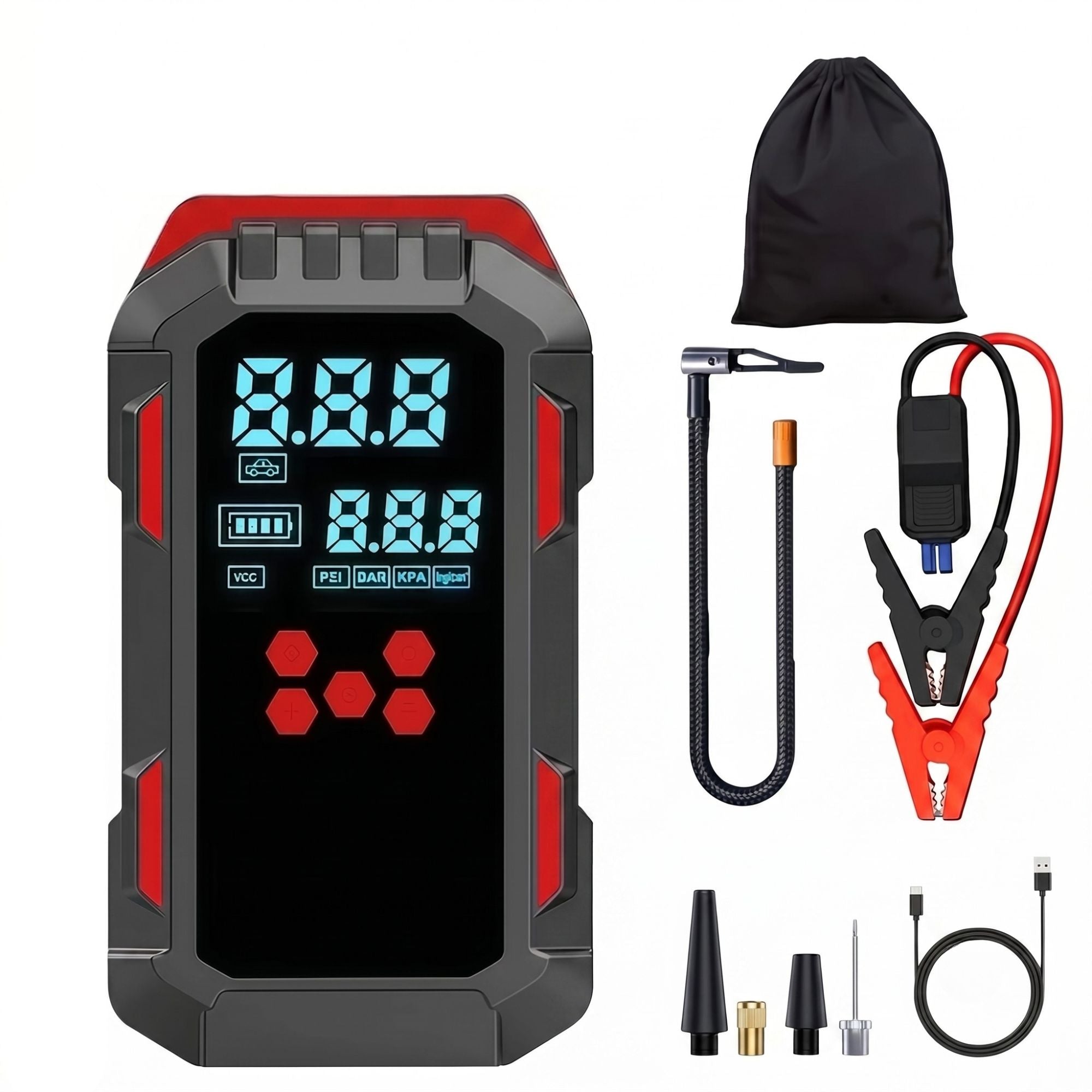 Red 20,000mAh portable car jump starter and 150 PSI tyre air compressor kit displaying digital screen, smart jumper cables, flexible air hose, adapters, and storage bag.
