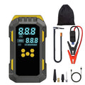 Yellow 20,000mAh portable car jump starter and 150 PSI tyre air compressor kit displaying digital screen, smart jumper cables, flexible air hose, adapters, and storage bag.