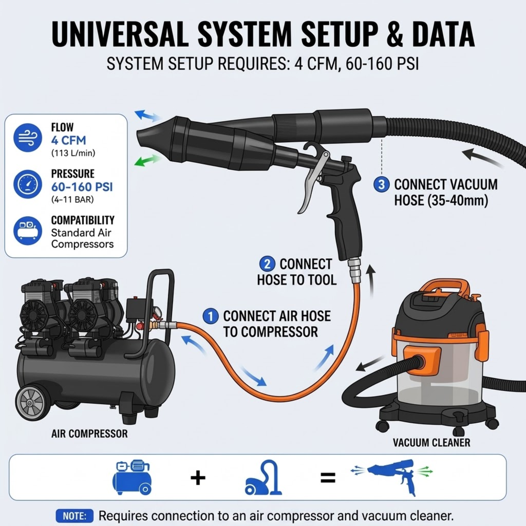 Diagram showing how to connect the air detailing gun to an air compressor and vacuum cleaner