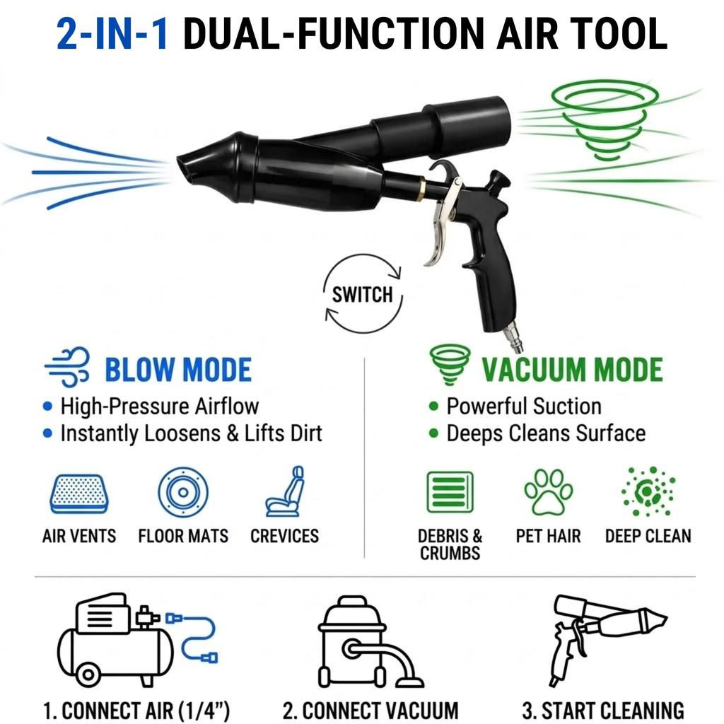 Infographic showing the air detailing gun's blow mode for vents and crevices and vacuum mode for debris and pet hair