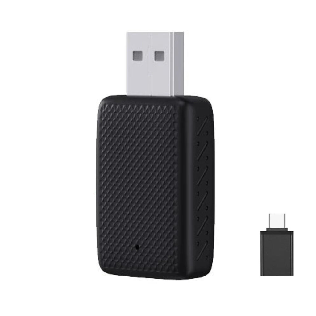 2-in-1 Wireless CarPlay Dongle, black textured USB-A adapter with USB-C converter, on a white background