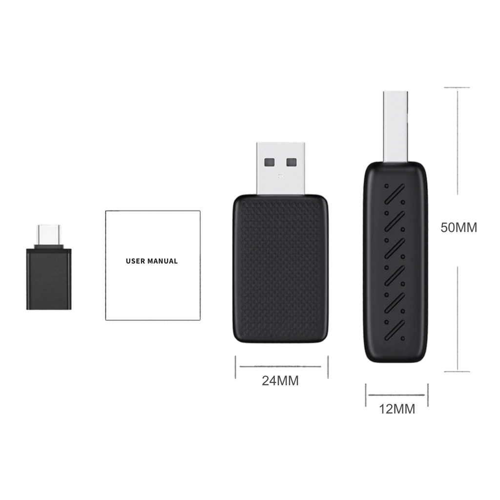 2-in-1 Wireless CarPlay Dongle package contents: dongle, USB-C adapter and user manual, with 50 mm x 24 mm x 12 mm dimensions