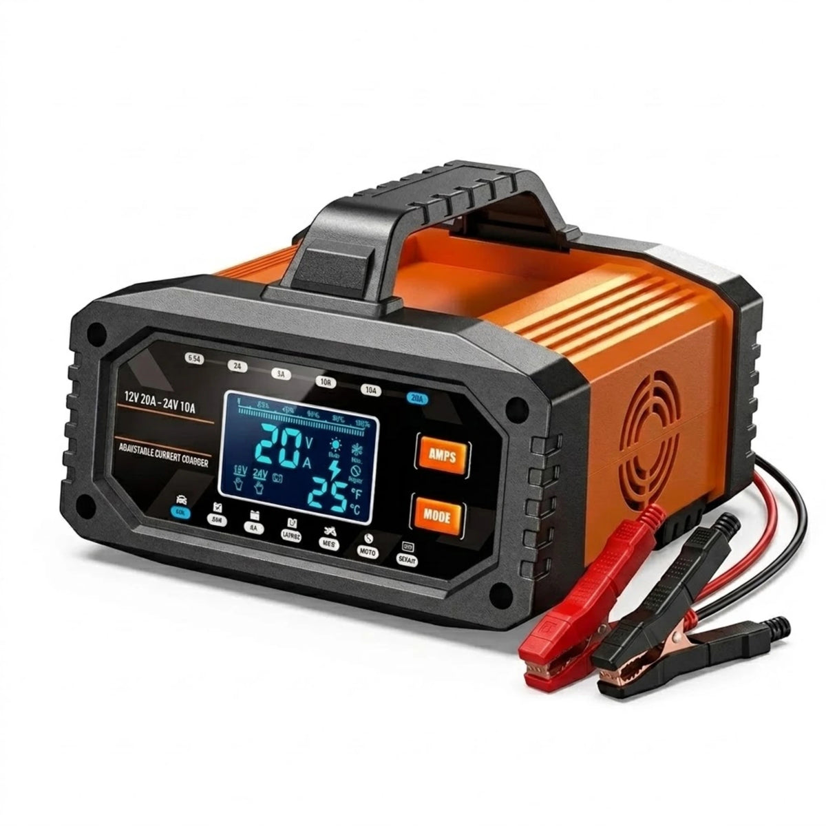 20A Smart Battery Charger in orange and black with LCD display, carry handle and red and black battery clamps