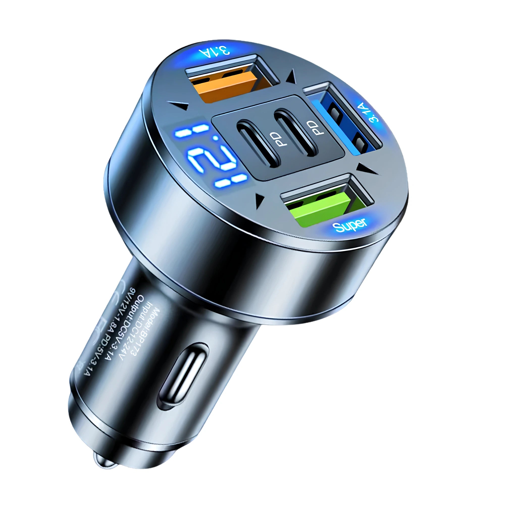 5-Port Fast Car Charger on a white background showing dual USB-C, dual USB-A and QC3.0 ports with an LED voltage display
