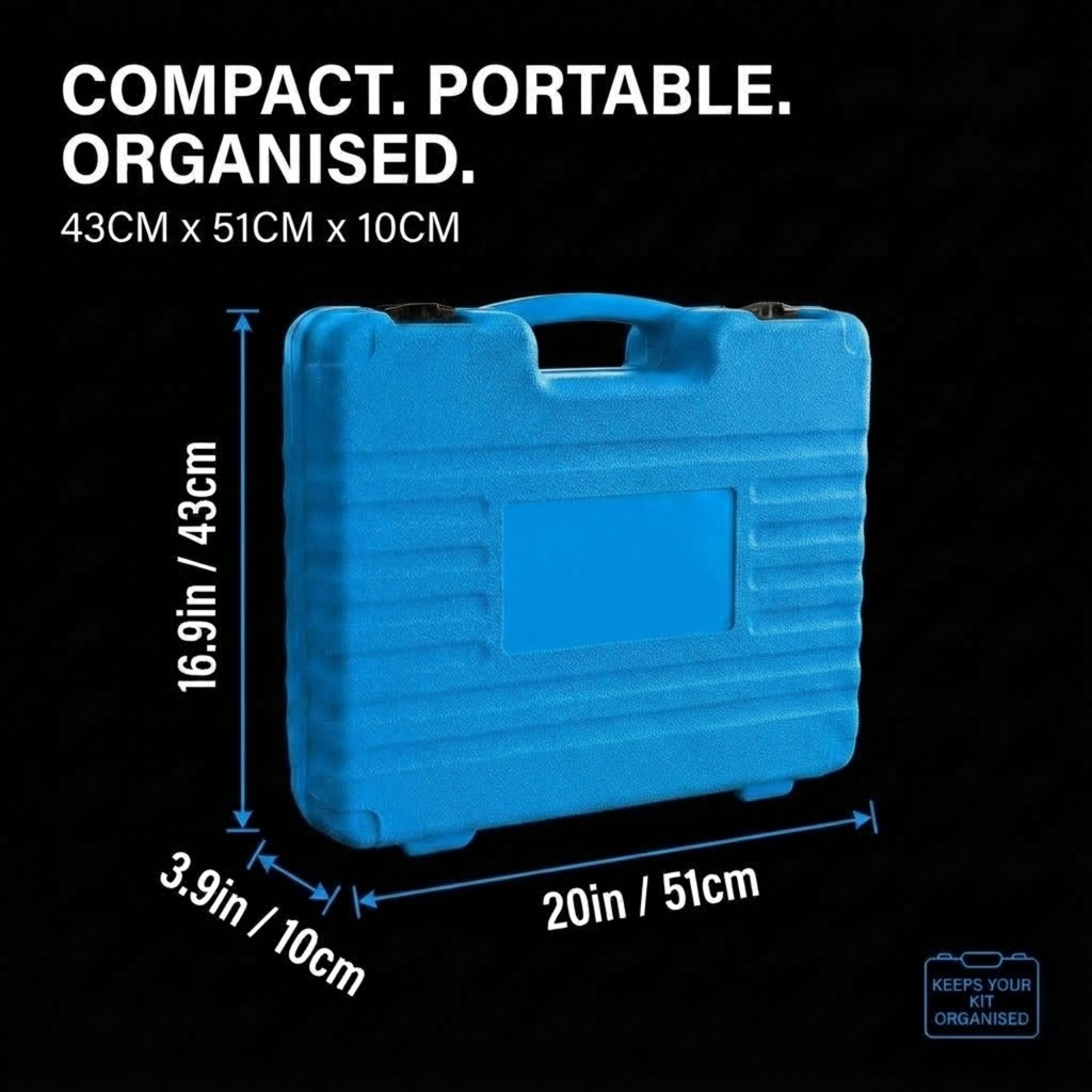 Blue hard plastic storage case shown on a black background with overlaid dimensions and text reading 'COMPACT. PORTABLE.