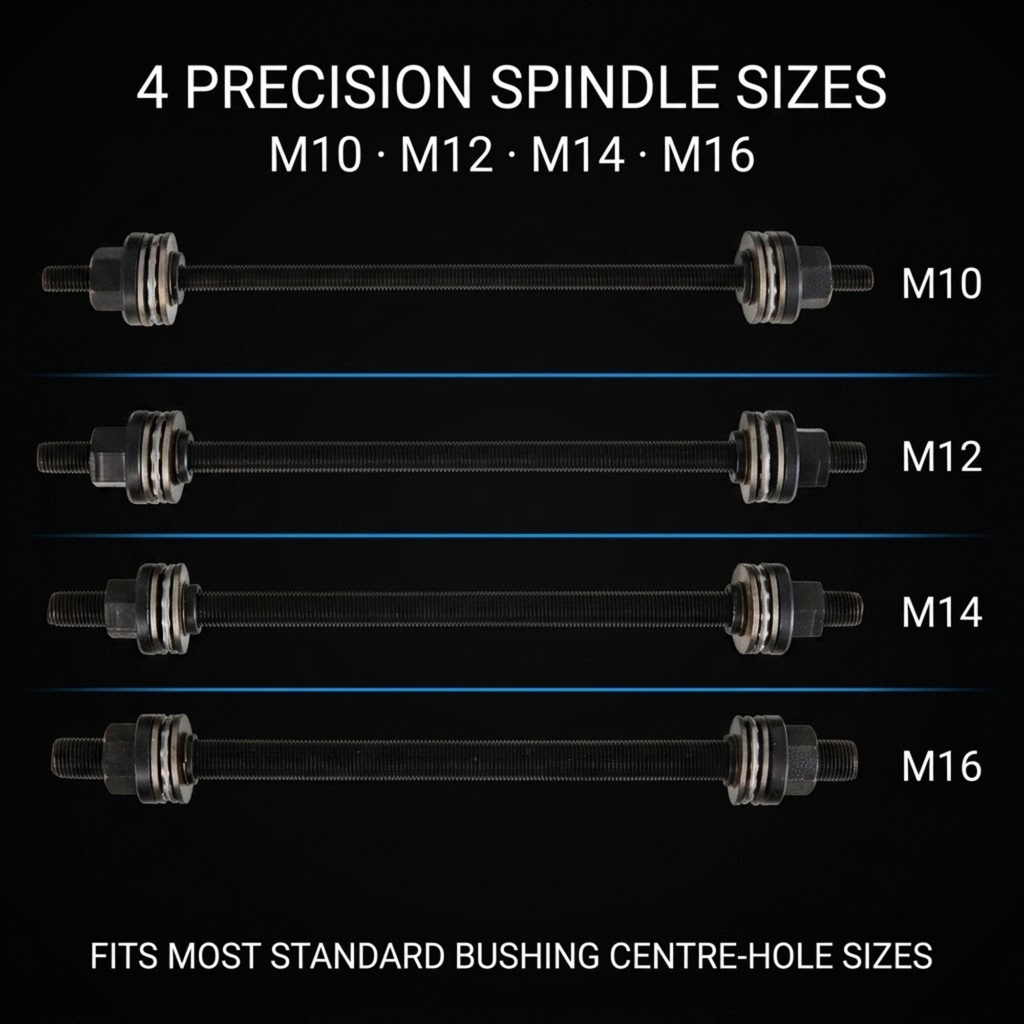 Four precision spindle bars in M10, M12, M14, and M16 sizes displayed horizontally on a black background with white text.
