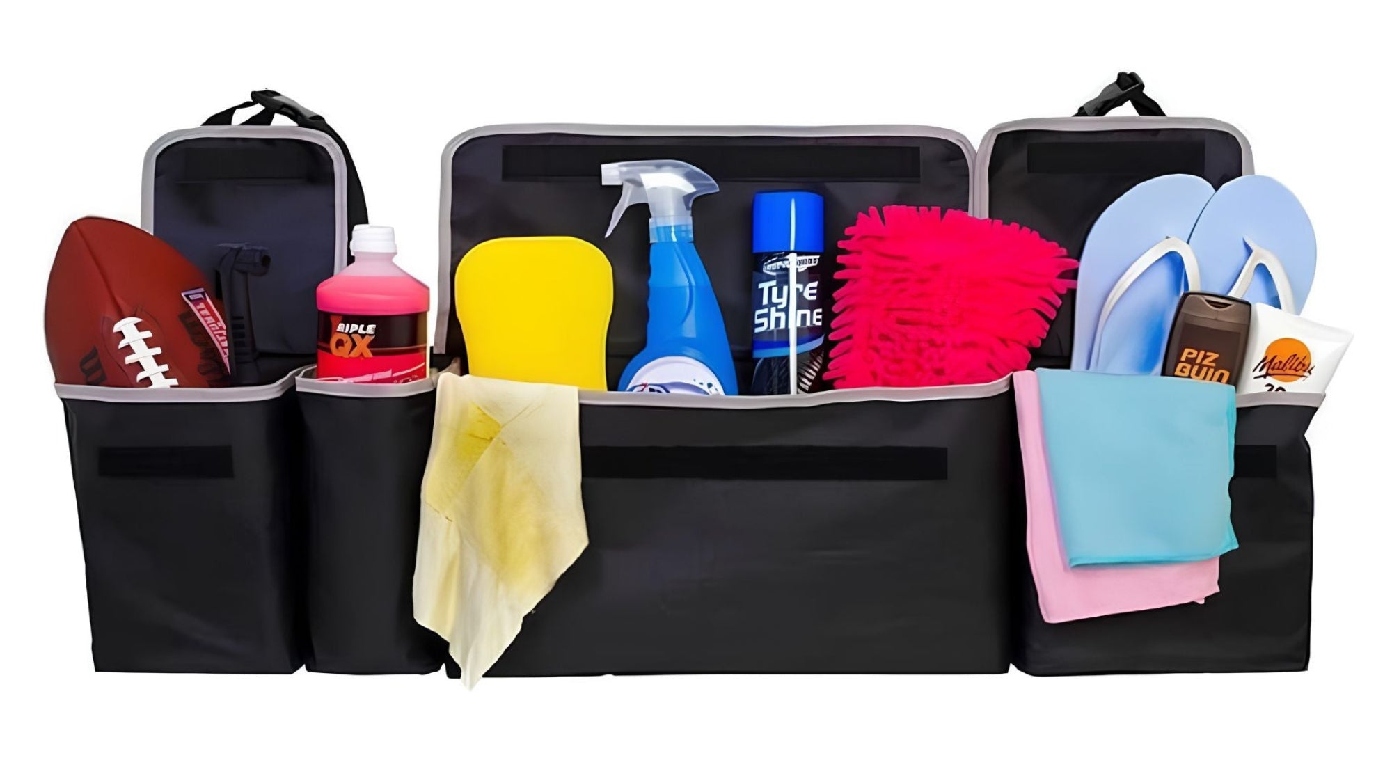 Black car trunk organiser with various items including a football, spray bottle, and flip-flops.