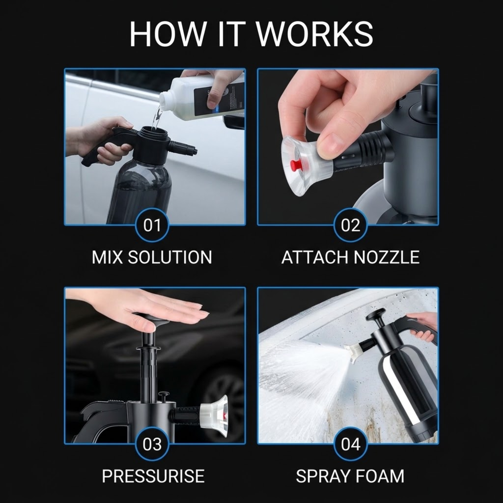 Instruction graphic titled 'HOW IT WORKS' showing four numbered steps: mixing solution, attaching nozzle, pressing to release, and spraying foam on a car. The layout uses four inset photos on a black background with blue border lines and white text.