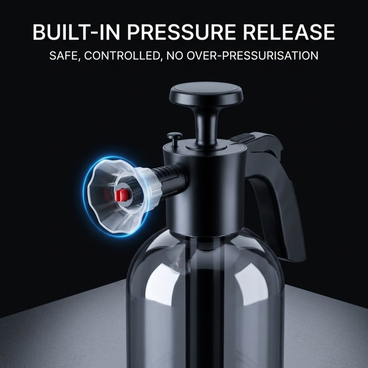 A black and clear spray bottle with a built-in pressure release valve, shown on a dark background with promotional text reading 'BUILT-IN PRESSURE RELEASE' and 'SAFE, CONTROLLED, NO OVER-PRESSURISATION'.