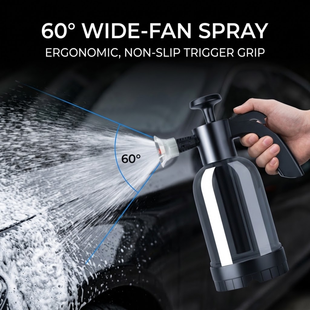 A handheld car wash spray bottle being used to spray foam onto a black car, with text reading '60° WIDE-FAN SPRAY' and 'ERGONOMIC, NON-SLIP TRIGGER GRIP.' A human hand is visible holding the product, so this is Lifestyle rather than Product/Packaging.