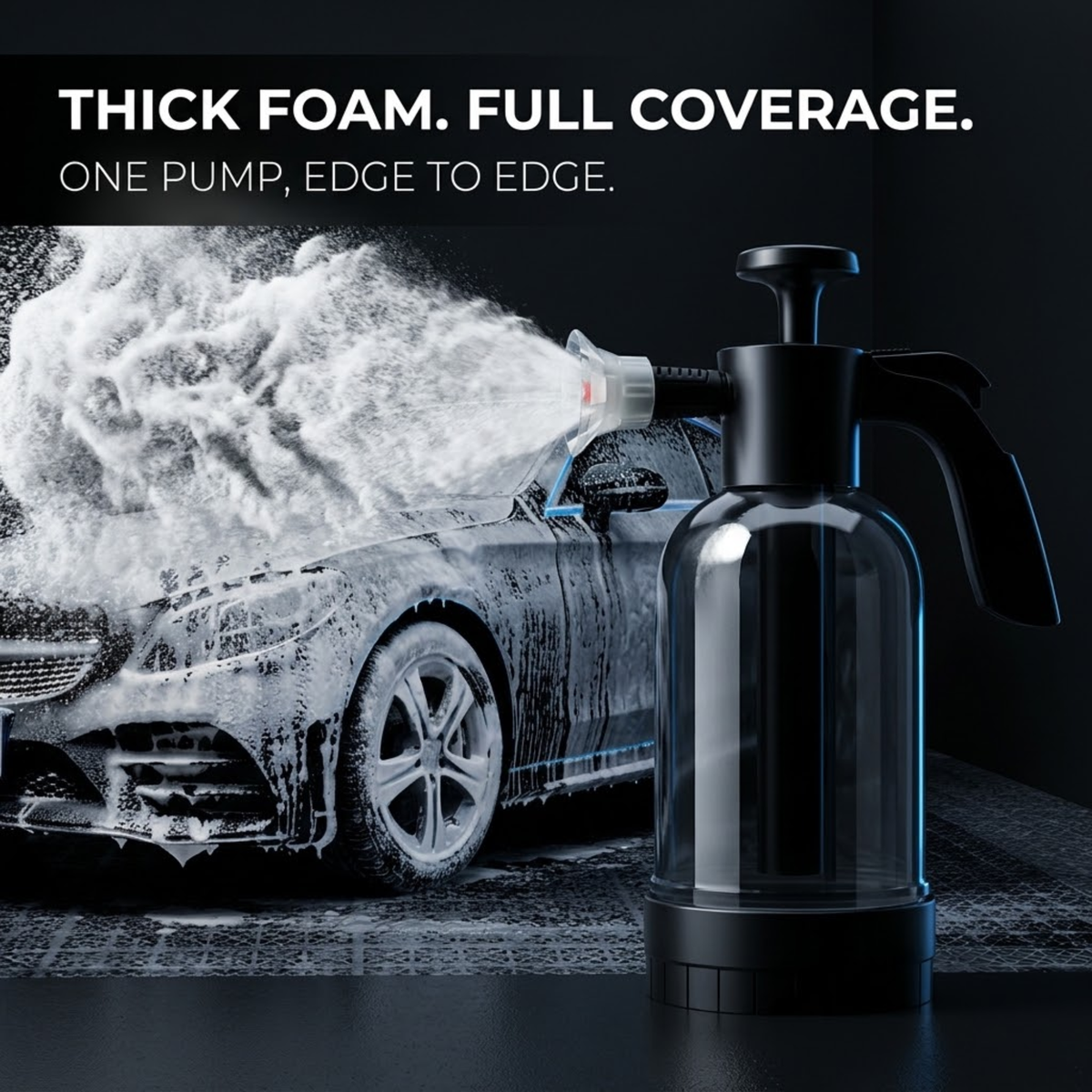A black and clear foam cannon car wash sprayer shown in front of a car covered in thick white foam, with marketing text at the top reading 'THICK FOAM. FULL COVERAGE.