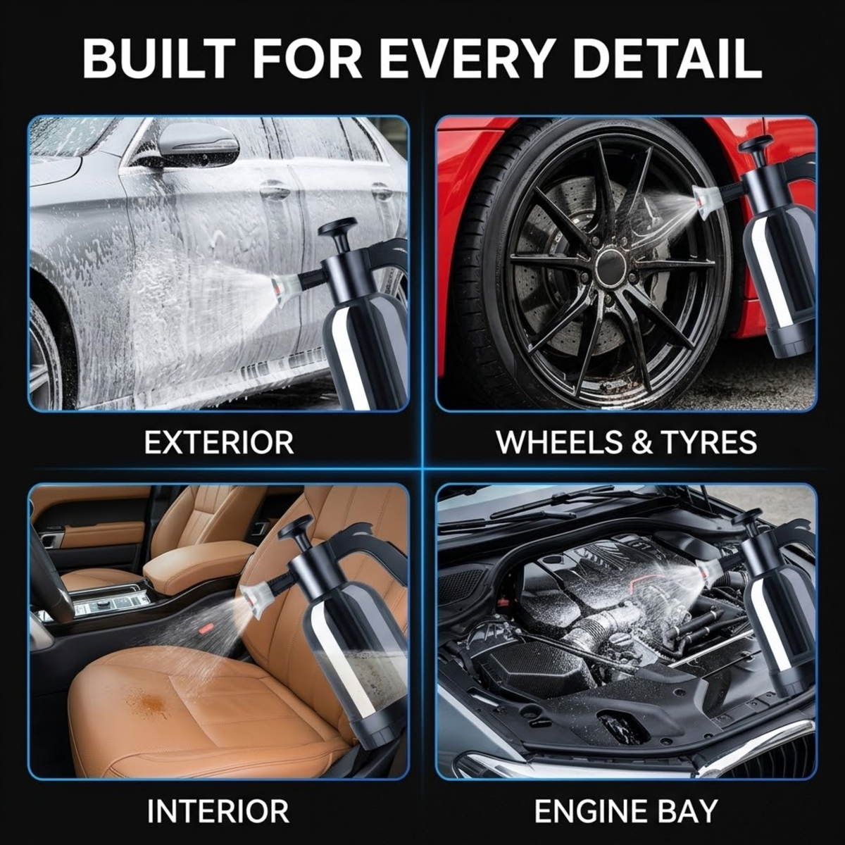 A 2x2 promotional graphic showing a car detailing spray bottle used for exterior wash, wheels and tyres, interior cleaning, and engine bay treatment, with the headline 'BUILT FOR EVERY DETAIL' on a black background.