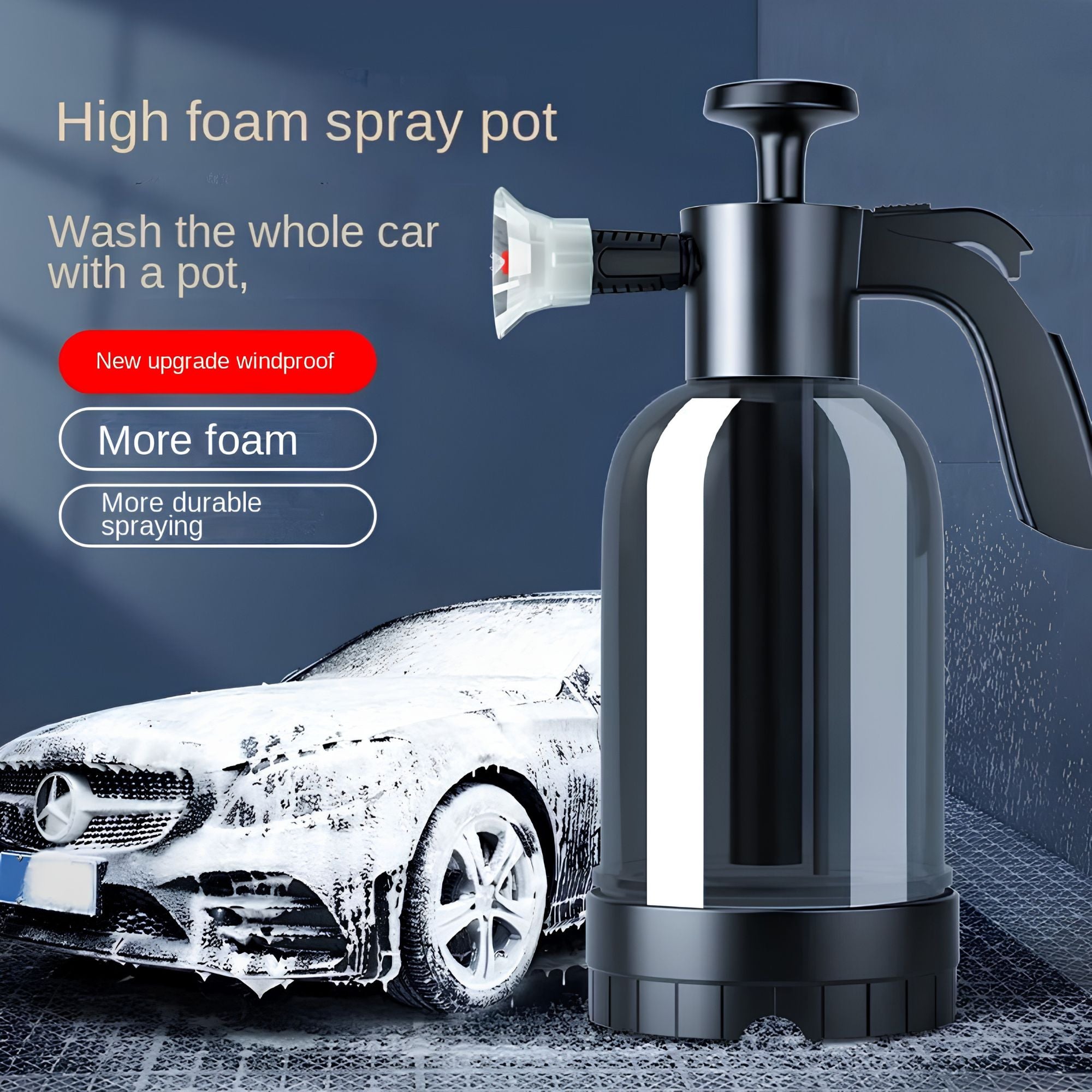 Hand pump foam cannon spraying thick foam over a car during washing with high foam spray pot design