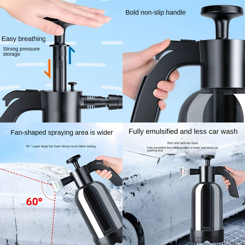 Ergonomic non-slip handle and manual pumping mechanism on a car wash foam sprayer.