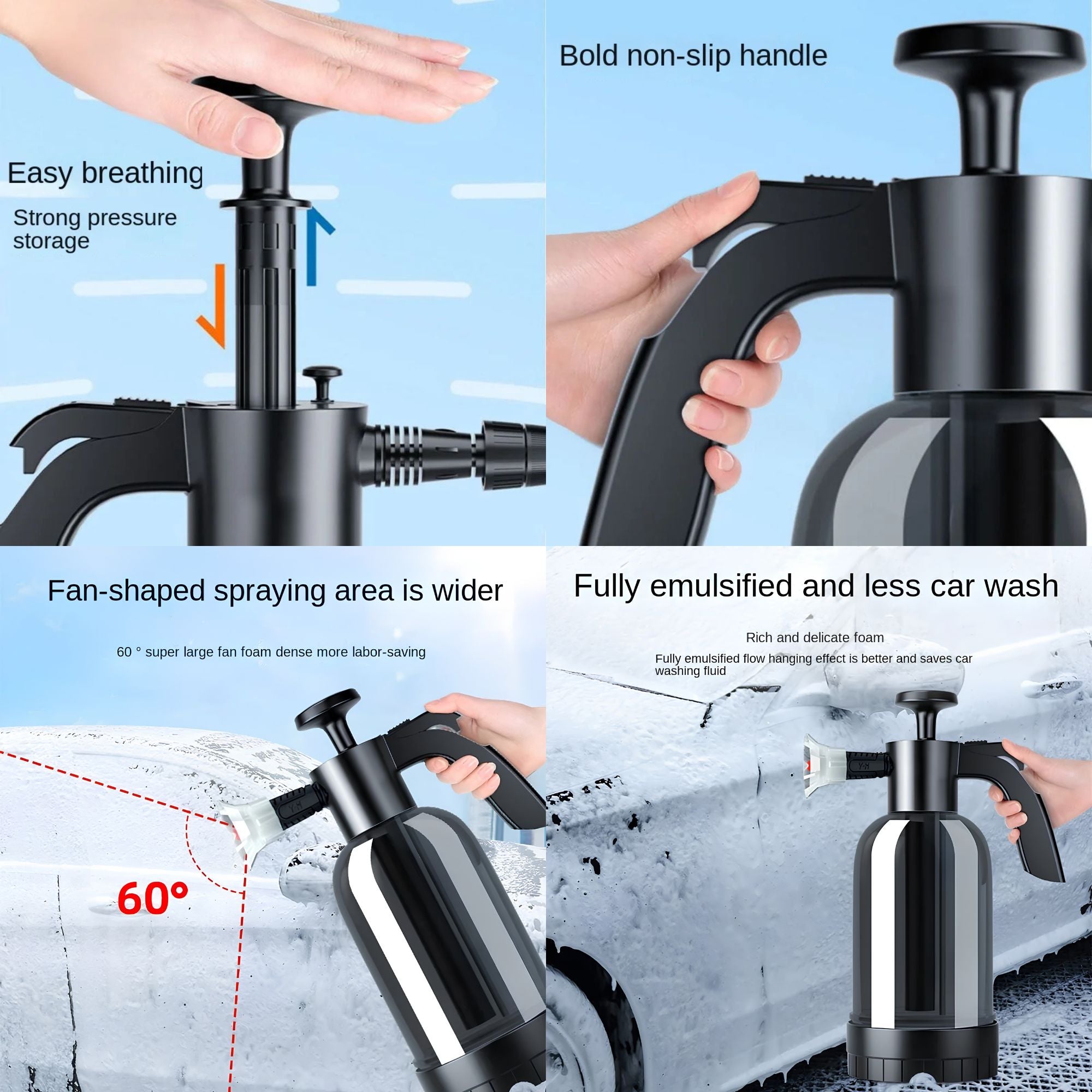 Ergonomic non-slip handle and manual pumping mechanism on a car wash foam sprayer.